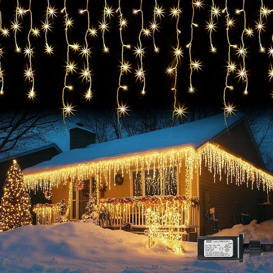 Dazzle Bright Christmas Icicle Lights, 88.5 FT 1080 LED 8 Modes Curtain Fairy Lights with 180 Drops, Xmas String Lights for Outdoor Holiday Wedding Party Decorations (Warm White)