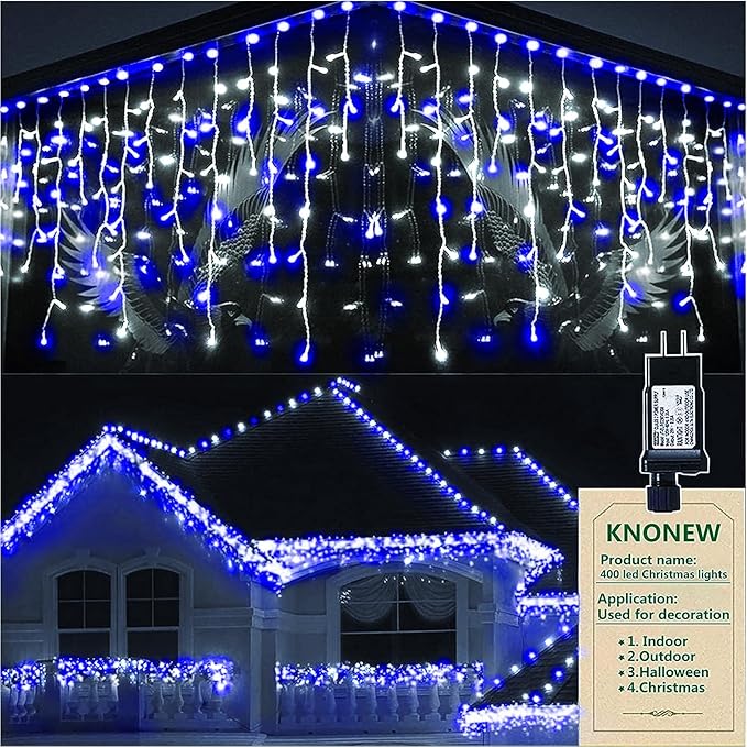 KNONEW Christmas Lights Outdoor Decorations 400 LED 33ft 8 Modes Curtain Fairy String Light with 75 Drops, Clear Wire LED String Light Indoor Decor for Wedding Party Christmas (Blue and White)