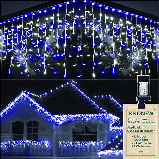 KNONEW Christmas Lights Outdoor Decorations 400 LED 33ft 8 Modes Curtain Fairy String Light with 75 Drops, Clear Wire LED String Light Indoor Decor for Wedding Party Christmas (Blue and White)