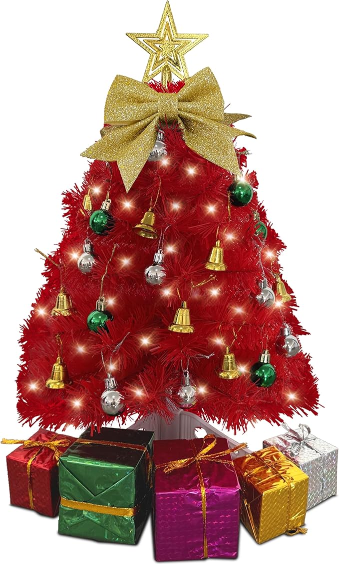 Small Red Christmas Tree with Lights - 23 Inch Mini Tabletop Christmas Tree with Warm-White LED Lights, Hanging Ornaments, Decorative Bow and Gift Boxes - Table Tree for DIY Christmas Decoration