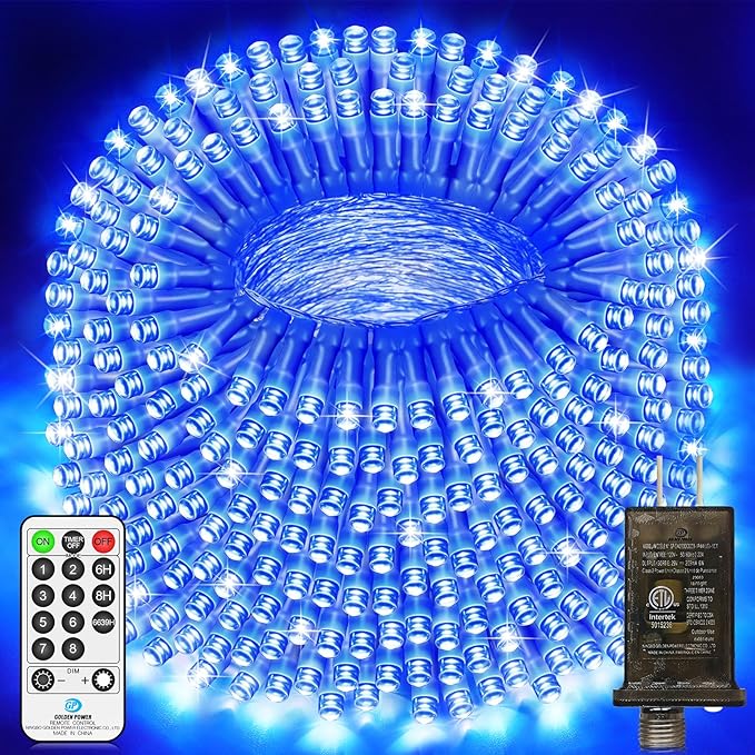 JXLEDAYY 200 FT 500 LED Christmas Lights Outdoor Fairy Lights Plug in Extra Long String Lights Clear Wire Waterproof 8 Modes Timer for Outside House Tree Garden Yard Wedding Party Decorations-Blue