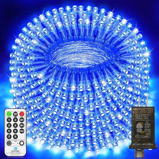 JXLEDAYY 403 FT 1000 LED Christmas Lights Outdoor Fairy Lights Plug in Extra Long String Lights Clear Wire Waterproof 8 Modes Timer for Outside House Tree Garden Yard Wedding Party Decorations-Blue