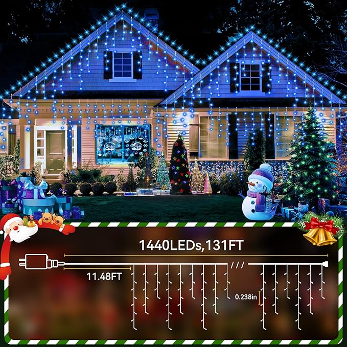 131FT Christmas Lights Outdoor 1440 LED Christmas Decorations Waterproof Plug in with 8 Modes & Timer Christmas Lights for Roof Party Garden Holiday Decor (Blue)