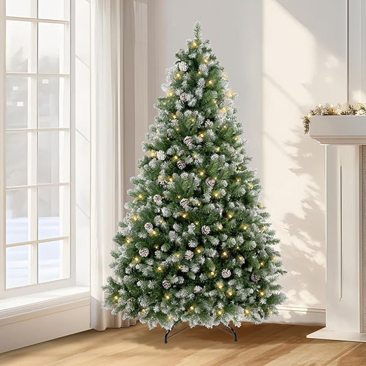 Annecy 6ft Pre-Lit Pre-Decorated Pine Hinged Artificial Full Spruce Christmas Tree w/ 970 Flocked Branch Tips, 60 Pine Cones, 250 Warm White & Multi-Color Lights for Home, Office Decoration,Metal Base