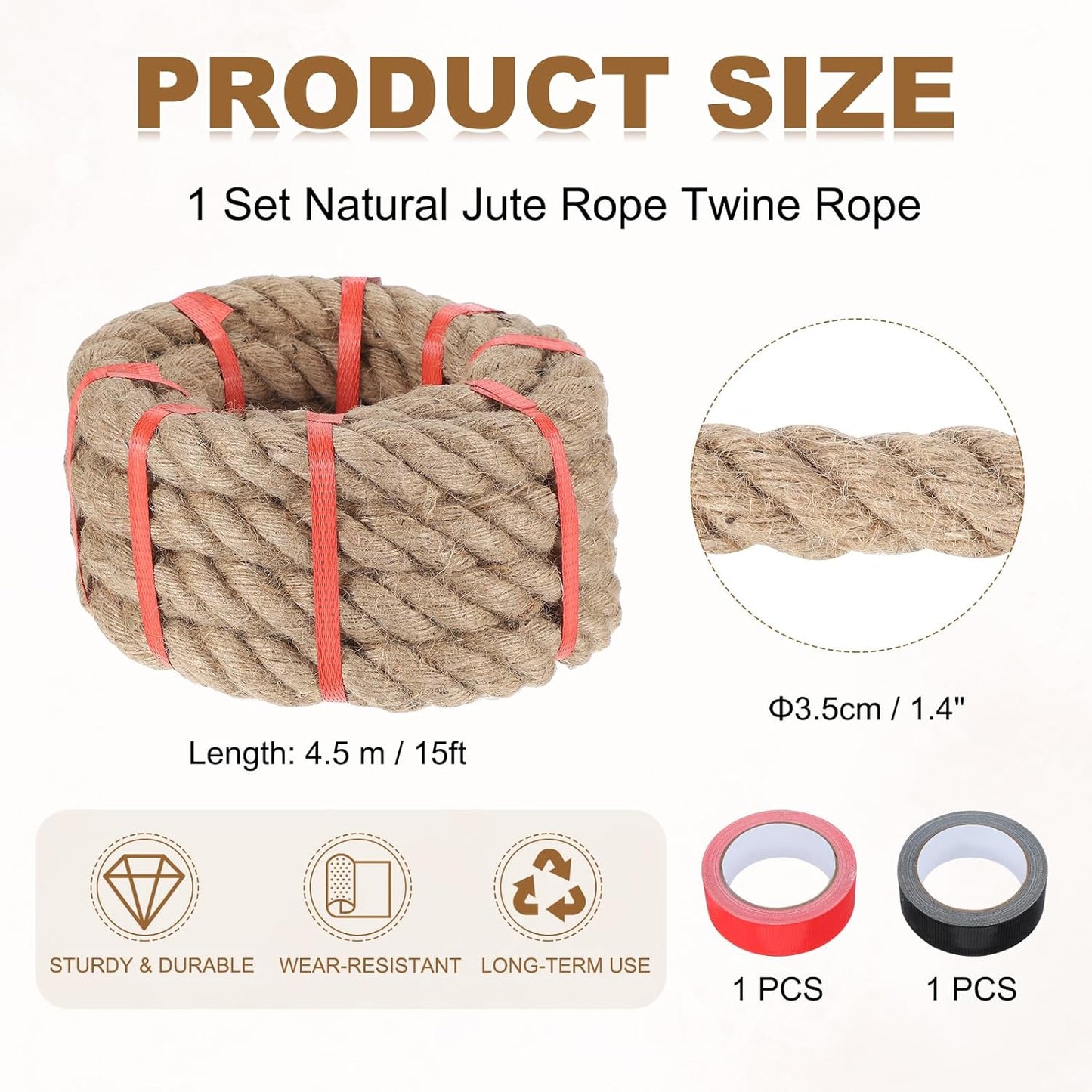 MECCANIXITY Jute Rope 1.4 Inch x 15ft, Thick Twine Rope Ropes Braided Jute Twine Natural Brown Burlap Cord String Heavy Twisted with Tapes for Decorative Crafts Railing Swing Tug of War