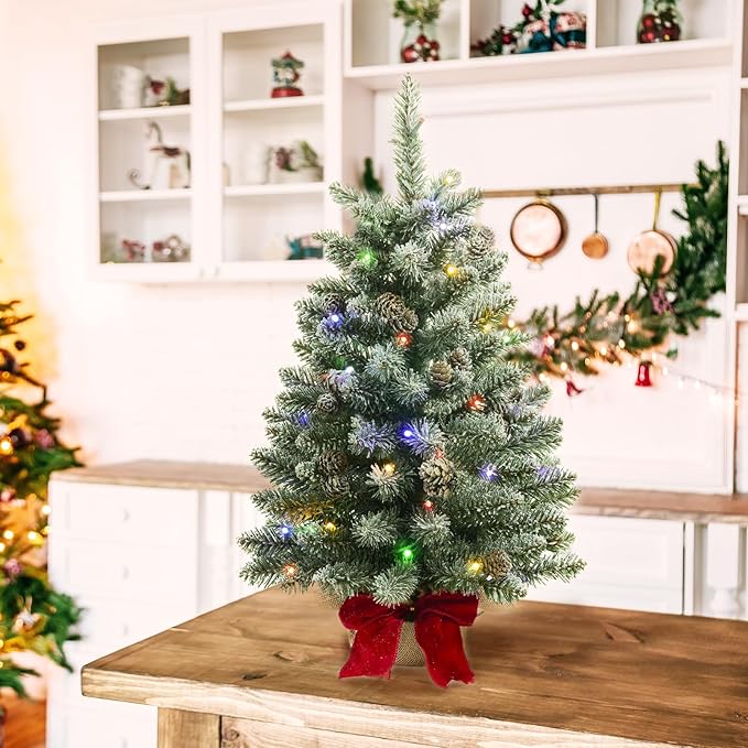 2 ft Mini Christmas Trees with Red Bow Base, 25 F5 LED Lights, 24" Decorated Burlap Artificial Tabletop Christmas Trees with Flocked Pine Cone