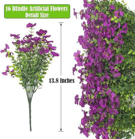 Artificial Fake Flowers for Outdoor Spring Decoration, 16 Bundles Faux Silk Colorful UV Resistant Realistic for Outside Porch Patio Home Yard Garden Planters Pots Window Box (Light Purple)