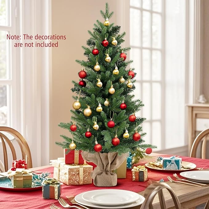 GOFLAME 3FT Pre-Lit Artificial Mini Christmas Tree, Small Tabletop Xmas Fir Tree with 363 Branch Tips, 50 Warm White LED Lights, Timer, Holiday Decoration Tree with Burlap Base