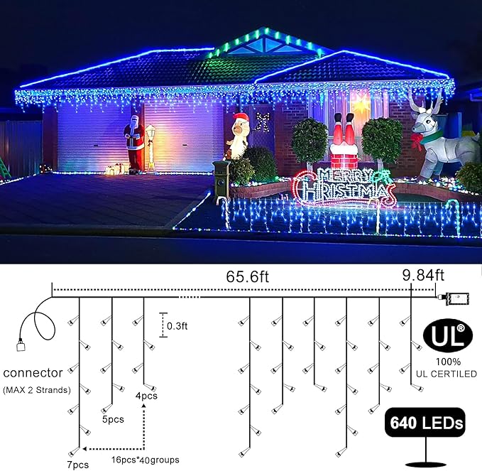 Icicle Christmas Lights Outdoor, 66 FT 640 LED Icicle Lights for Outside 8 Modes with 120 Drops, Plug in Waterproof Hanging Christmas Light for Holiday Pavilion Balcony Decorations, Blue