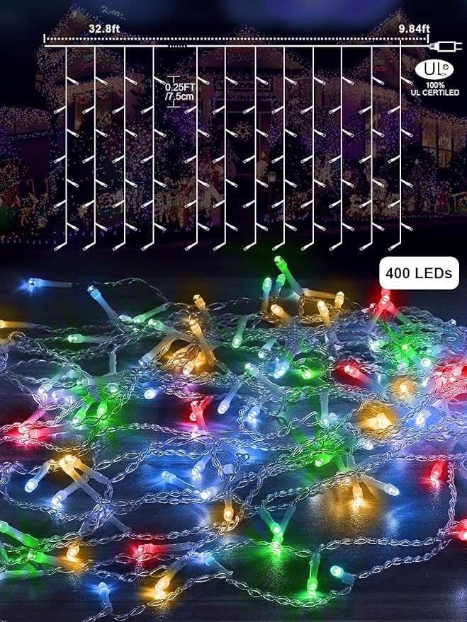 42FT Icicle Lights, Christmas Outdoor with 400LED 75 Drops, IP65 Waterproof Eaves Lights, 8 Modes, for Christmas Eaves Garden Room Decoration Multicolor