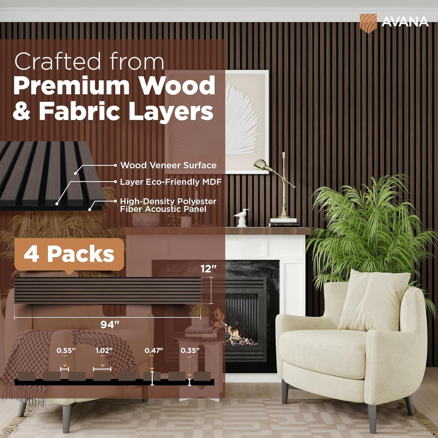 Avana Acoustic Wood Wall Panels – 94.4 x 12.6 Inch Dark Walnut Acoustic Panels 4 PCs – Wall Panels For Interior Wall Decor for Homes, Offices, Studios – Aesthetically Pleasing Wood Panels For Wall
