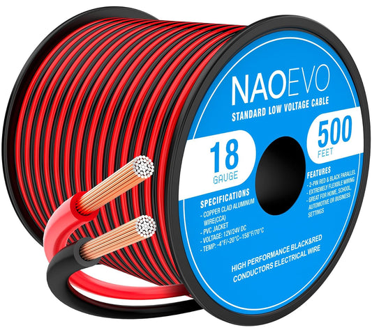 NAOEVO 18 Gauge Wire 500FT, 2 Conductors Electrical Wire Red Black Cable, Flexible/Low Voltage/PVC 18 AWG Copper Clad Aluminum Extension Cord for Speaker, LED Strips, Automotive 12V/24V DC