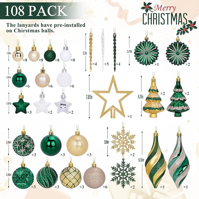 108 Pcs Christmas Ball Ornaments Set, Green and Gold Shatterproof Hand-Painted Hanging Bulbs Decoration for Xmas Tree, Wreath, Garland, Home Holiday Decor