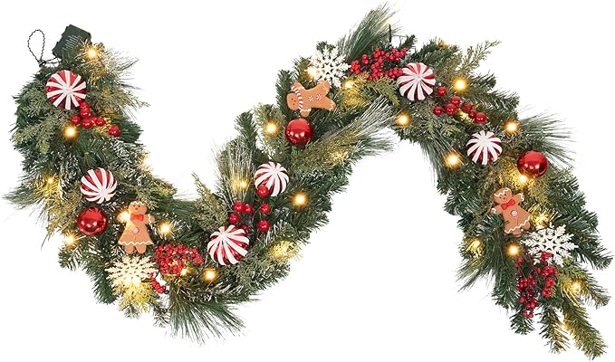 6 ft Gingerbread Christmas Garland with 30 Lights with Timer/Baking Holiday Decor/prelit Whimsical Gingerbread Kitchen Decor/Lighted Door Hanger .Stairs,Mantel,Porch Decoration