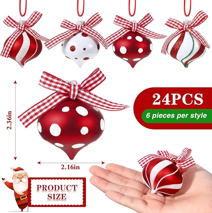 Syhood 24 Pcs Christmas Tree Ornaments, Christmas Ball Decorations Set, Shatterproof Baubles Xmas Tree Hanging Decor, Peppermint Candy Ball Red White Green Stripes Party Holiday(Classic,2.36 Inches)