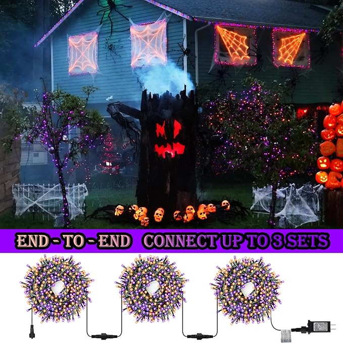 Decute Halloween String Lights Outdoor Indoor Waterproof 300LED 105FT UL Certified with End-to-End Plug 8 Modes, Decoration Lights for Christmas Tree Patio Garden Wedding Party Orange Purple