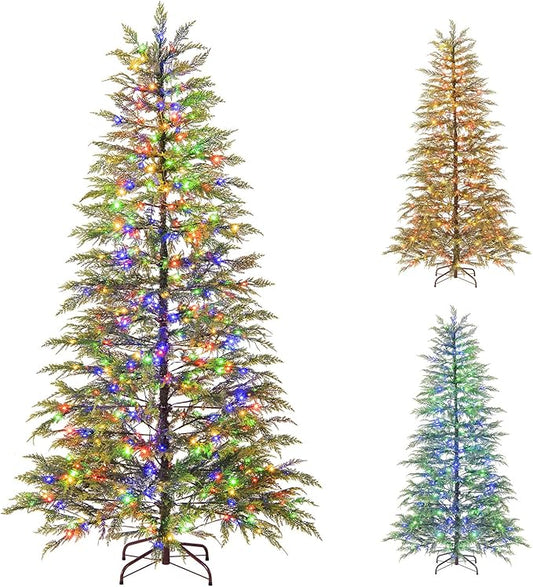 Goplus 6.5 FT Pre-Lit Artificial Christmas Tree, Hinged Sparse Xmas Fir Tree with 578 Soft Branch Tips, 390 Multicolored LED Lights, 8 Modes, Foldable Metal Stand, Home Office Decoration