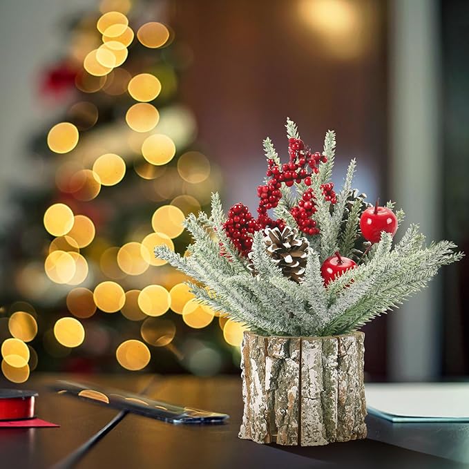Super Holiday Small Christmas Tree, Artificial Mini Tabletop Christmas Tree Decorations Include Apple/Berry/Pinecone, for Home Party Thankgivings Christmas Decor, Indoor 13.7 Inch