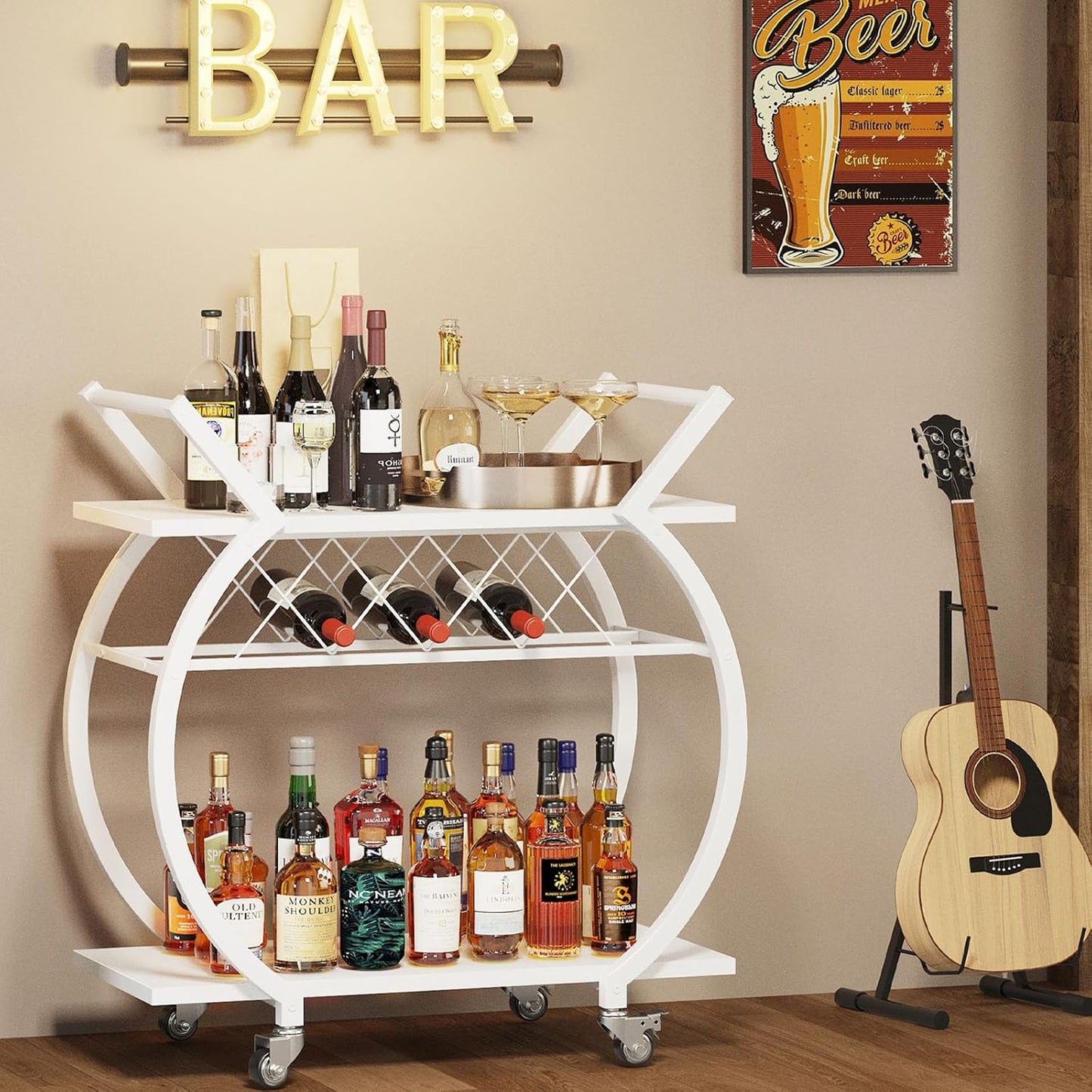 LVB White Bar Cart, Modern Rolling Serving Wine Cart with Storage, Industrial Wood Metal Kitchen Island Beverage Cart with Wheels, Microwave Drink Liquor Cart Table for Home Dining Living, White Oak