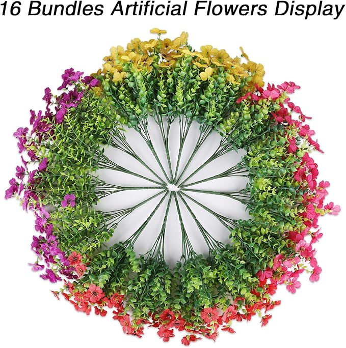 AGIRL 16 Bundles Artificial Flowers for Outdoor,No Fade Fake Plastic Flowers Faux Plants for Hanging Planters Decoration Indoor Outside Garden Porch Window Box Home Wedding