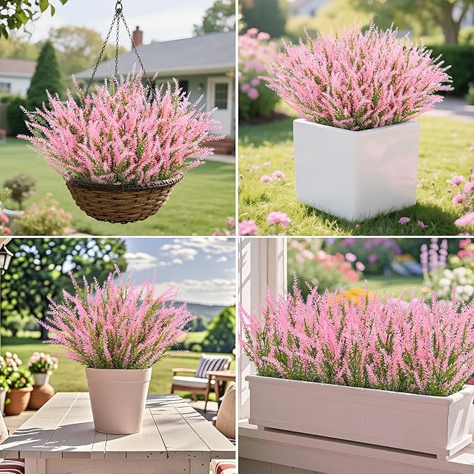 Ouddy Decor 24 Bundles Artificial Lavender Fake Flowers Faux Plastic Plants for Home Wedding Kitchen Garden Patio Window Box Office Table Centerpieces Indoor Outdoor Decor, Pink