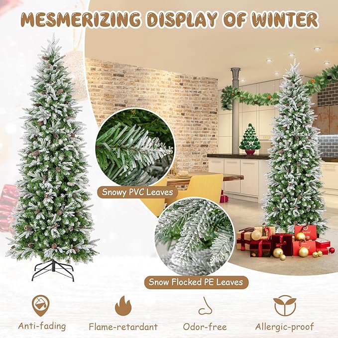 GOFLAME 7.5 FT Pre-Lit Pencil Christmas Tree Snow Flocked, Slim Artificial Xmas Tree with 913 Branch Tips, 350 LED Lights, 75 Natural Pine Cones, Hinged Holiday Decoration Tree for Home Office