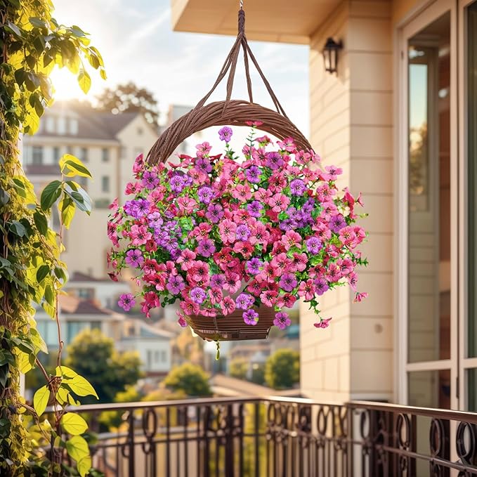 SHIAWASENA Realistic Outdoor Fake Plants Flowers, Artificial Flowers, UV Resistant, 12 Bundles Faux Silk Colorful Violet Flowers Bouquet with Eucalyptus (Rose Red & Purple)