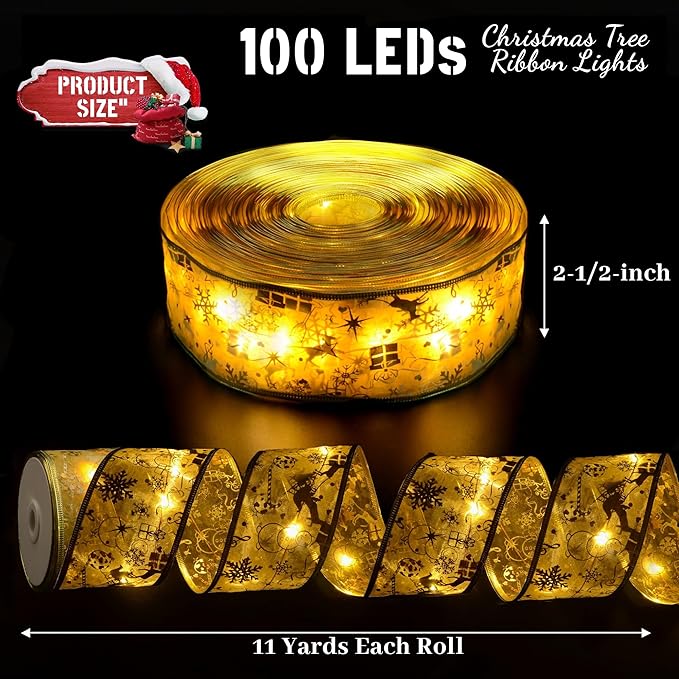 Christmas Decorations, 2.5Inch x 33Ft 100 Led Christmas Tree Ribbon Lights with Remote Control, Battery Operated & USB Powered 8 Lighting Modes Fairy String Lights with Timer for Xmas Decor