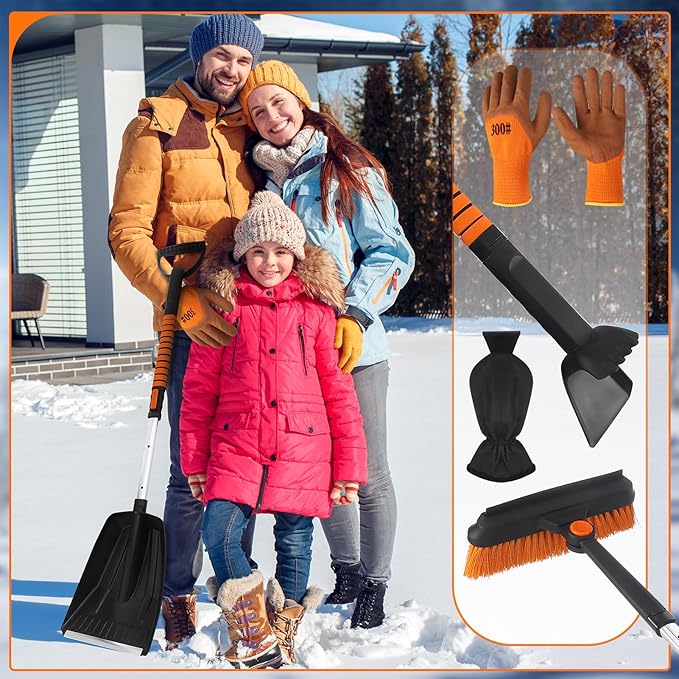 4 in 1 Snow Brush for Car, 33"-42" Ice Scrapers with Foam Grip Car Warm Gloves Snow Shovel and Working Gloves, Winter Windshield Extendable Car Cleaner Tool Accessories