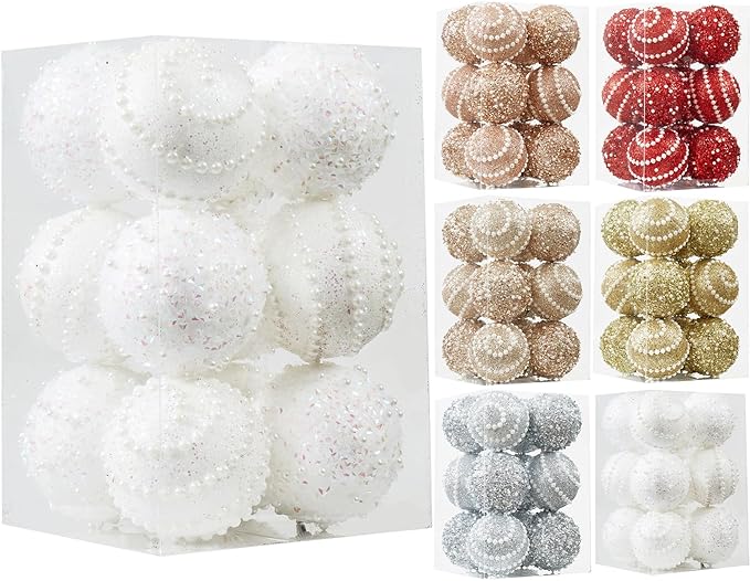 White Christmas Ball Ornaments,12ct Christmas Tree Shatterproof Plastic Hanging Sequin Xmas Balls for Festivals Holiday Party Decorations(70mm/2.76")