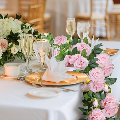 Sggvecsy 6Pcs 46.5Ft Artificial Rose Vine Fake Flower Garland Floral Garland Faux Silk Hanging Vine Rose Ivy Vines for Wedding Arch Party Wall Garden Ceremony Background Outdoor Decor (Pink)