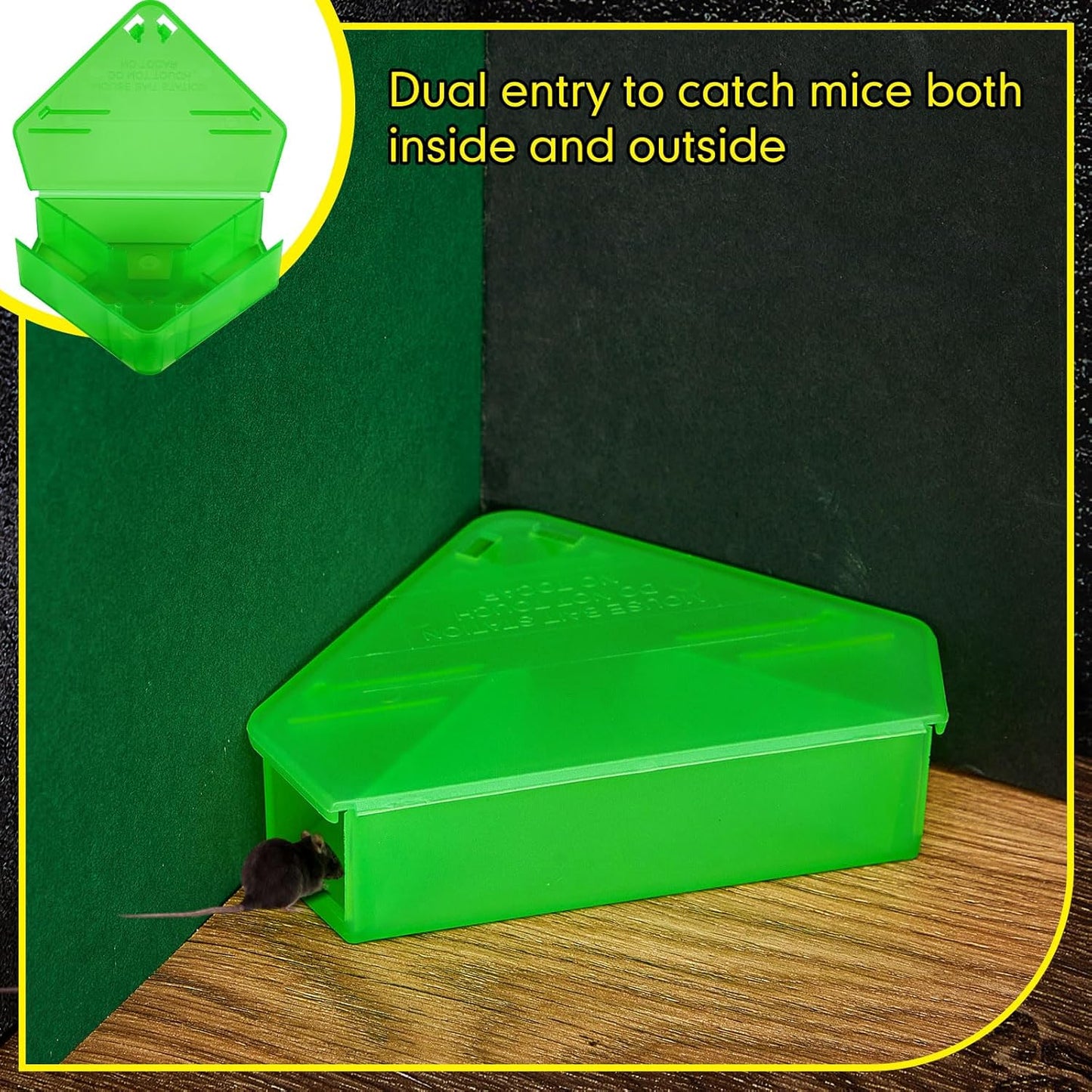 Qualirey 24 Pcs Mice Station with Key Triangle Bait Station Reusable Rodent Trap Bait Box, Keeps Children and Pets Safe Indoor & Outdoor, Bait Not Included, Suitable for Small Mice (Translucent Green)