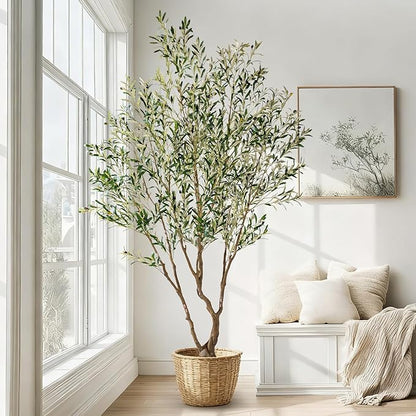 7ft Faux Olive Tree with Pot & Moss Artificial Olive Plant Fake Olive Tree for Home Decor, Large Indoor Artificial Trees Faux Plants Indoor Durable Artificial Trees for Living Room/Office