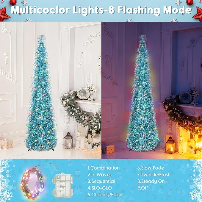 5FT Christmas Trees with 90 Lights, Collapsible Artificial Sequin Pop Up Christmas Tree, Tinsel Slim Pencil Christmas Tree for Home Holiday Fireplace Party Indoor Outdoor Xmas Decorations