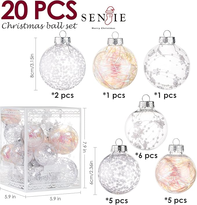 Christmas Ornaments Ball Set-Shatterproof Clear Plastic Decorative Baubles for Xmas Tree House Holiday Wedding Party Decoration,20pcs White