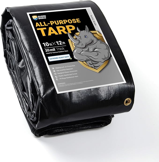 GUARD SHIELD Extreme Heavy Duty Black Poly Tarp 10x12 Feet Cover Waterproof Tarps 20mil Thick UV and Tear Resistant Tarpaulin