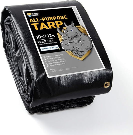 GUARD SHIELD Extreme Heavy Duty Black Poly Tarp 10x12 Feet Cover Waterproof Tarps 20mil Thick UV and Tear Resistant Tarpaulin