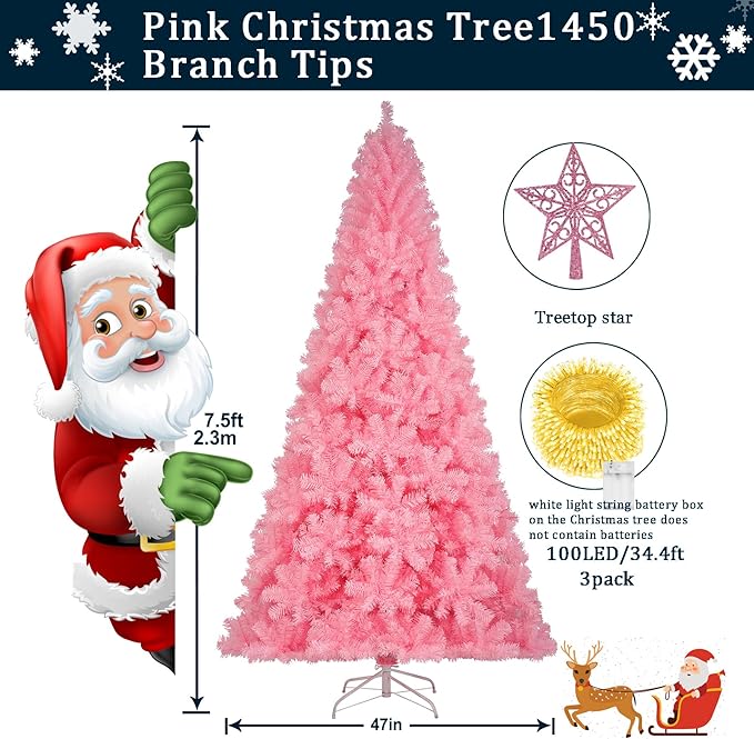KTKDE 7.5ft Pink Christmas Tree, Artificial Christmas Tree, Sturdy Metal Stand with 1450 Tips (Pink top Star, LED Battery Box), Home, School, Party Office Holiday Decorations
