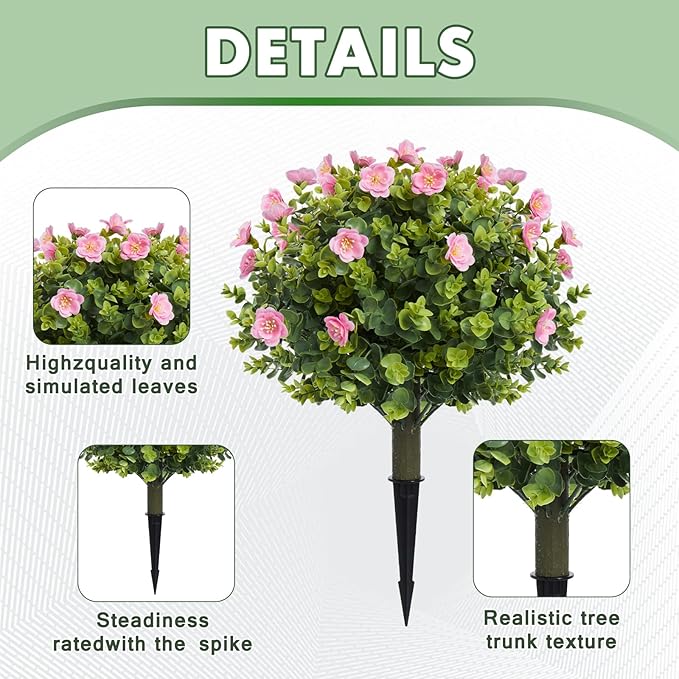 20" Artificial Camellia Topiary Ball Tree with Spike, Artificial Boxwood Shrubs Fake Bushes Set of 2, Faux Floral Flower Plant for Porch, Artificial Plants for Outdoor Indoor UV Resistant