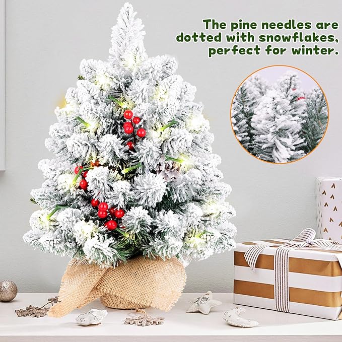 20 Inch Flocked Mini Christmas Tree with Lights, Berries and Cloth Bag Base, Pre-lit Artificial Tree for Tabletop Home Kitchen Livingroom Decoration, White+Green