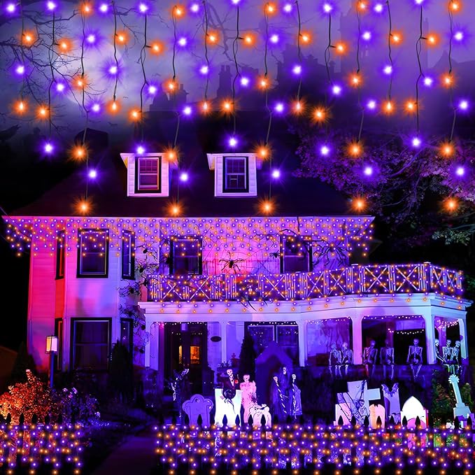 Heceltt Halloween Lights Outdoor Decorations, 640 LED 66FT Orange and Purple Light, 8 Modes Plug in 120 Drops Ice String Lights with Timer Memory Function Hanging Light for Halloween Party Decor