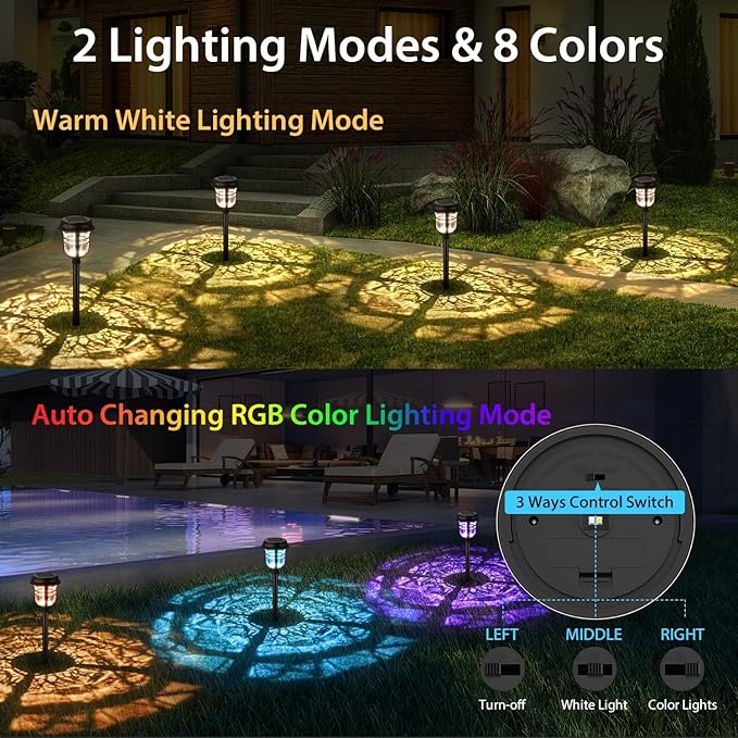 XMCOSY+ Solar Pathway Lights Outdoor Waterproof IP65-2 Lighting Modes Color Changing LED Solar Garden Lights for Yard, Glass Outdoor Lighting for Landscape Walkway Driveway Decor (Warm White & RGB)