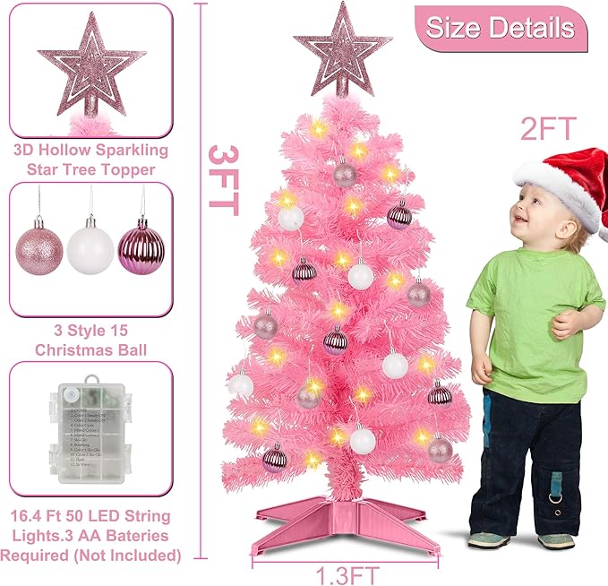 3 Feet Pink Premium Christmas Tree 12 Modes Dual Color Change Timer DIY 50 Warm White & Multicolor Lights Star 15 Ball Ornaments Battery Operated Small Artificial Full Xmas Tree Table Home Indoor