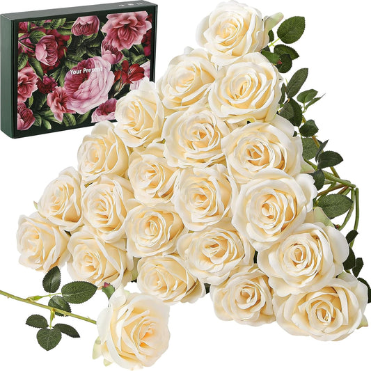 20PCS Artificial Roses Flowers, 3.9'' Silk Flower Head Fake Champagne Rose with Long Stems, Realistic Faux Roses Bouquet for DIY Wedding Home Party Office Decoration