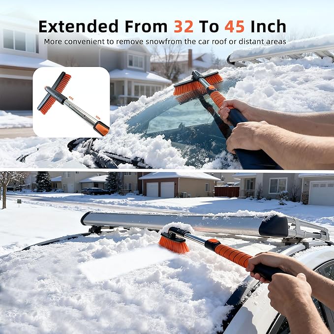 45" Extendable Snow Brush and Ice Scrapers for Car Windshield [360° Rotating Snow Brush Head] Military-Grade Sturdy Ice Scraper for Sedans, SUVs and Trucks Easy Storage Orange