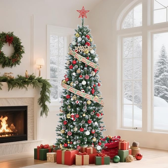 GarveeHome 7.5 ft Pencil Christmas Tree,Artificial Pre-Lit Slim Christmas Tree,Realistic Xmas Tree Artificial Holiday Decoration for Indoor and Outdoor Use