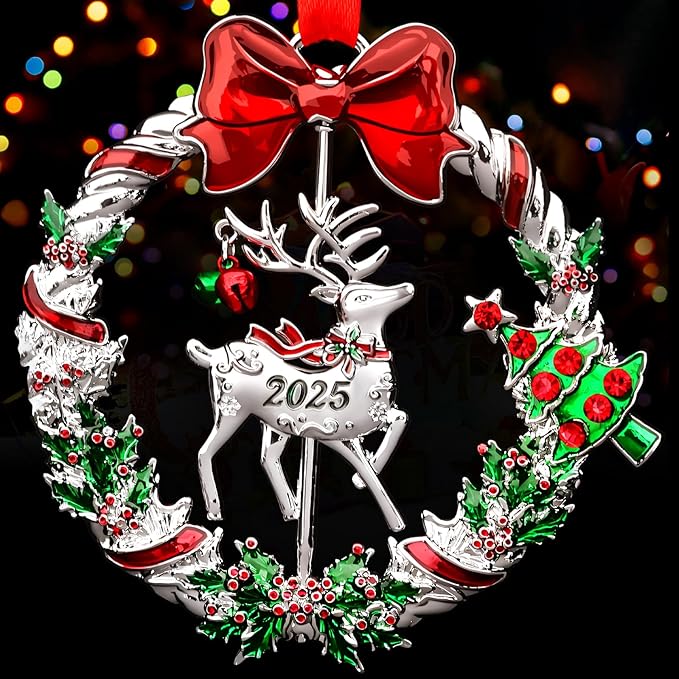 Christmas Ornament 2025 for Christmas Tree Hanging Decorations, Xmas Wreath Ornament with Rotatable Reindeer, Dated 2025 Metal Xmas Ornament for Holiday Decorative Keepsake Gift