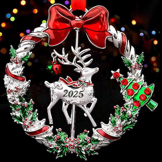 Christmas Ornament 2025 for Christmas Tree Hanging Decorations, Xmas Wreath Ornament with Rotatable Reindeer, Dated 2025 Metal Xmas Ornament for Holiday Decorative Keepsake Gift