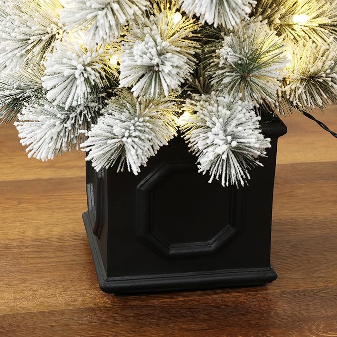 LuxenHome 4.5FT Small Potted Christmas Tree, Flocked Christmas Tree with 100 LED Lights, Prelit Artificial Xmas Trees with Pot, Lighted Pine Tree for Indoor, Outdoor Holiday Display