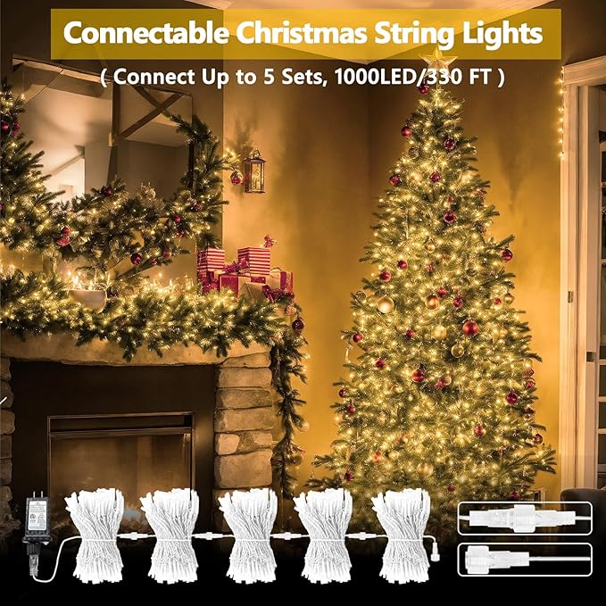 Connectable 200 LED Christmas Lights Indoor Outdoor with Timer, 66FT 13 Modes Warm White String Lights Waterproof, Twinkle Fairy Lights Plug in Clear Wire for Christmas Tree, Bedroom, Classroom Decor